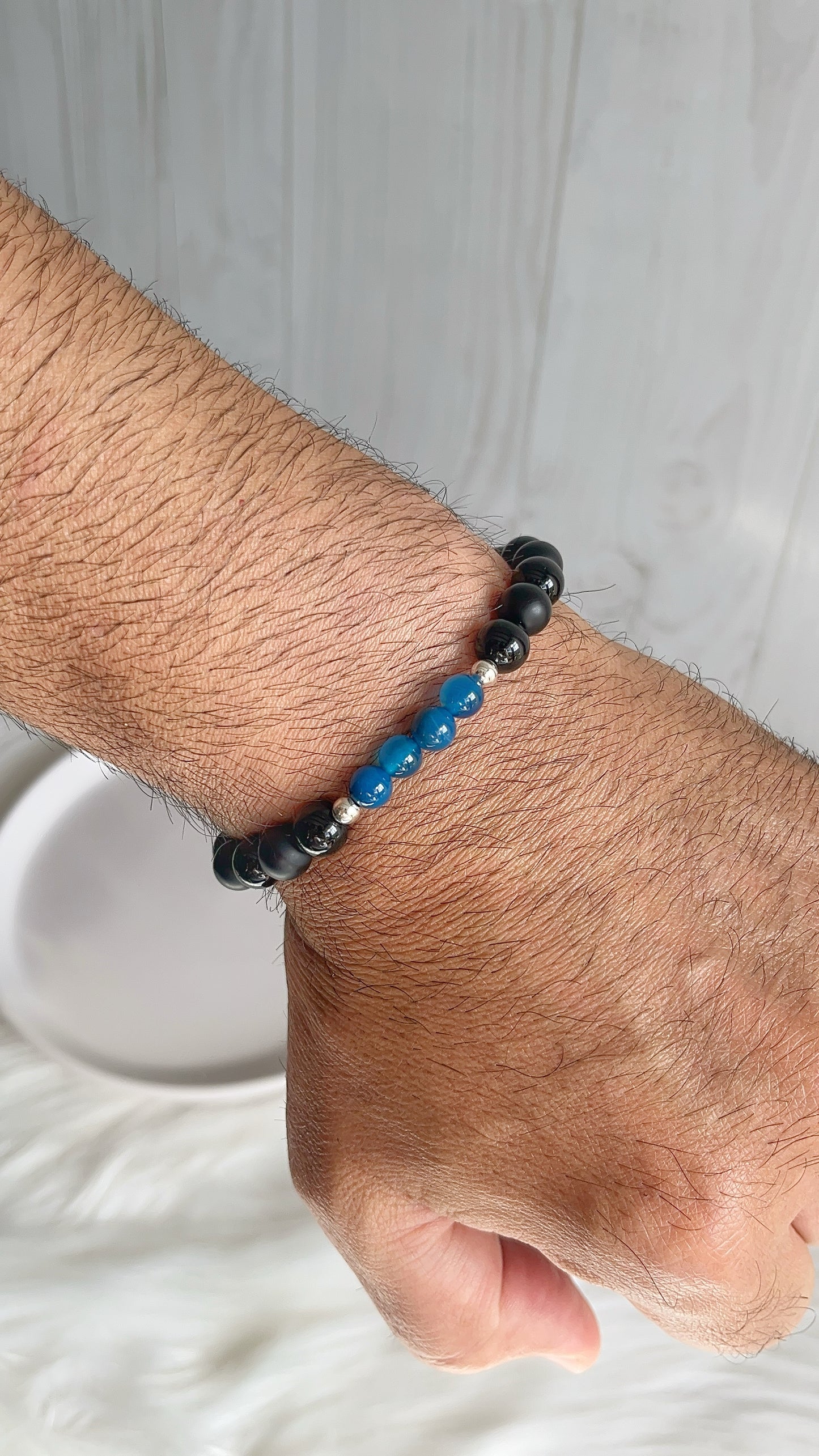 Pulsera Caballero - Piedra Onix, Agata con Balines Plata 925 Ajutable