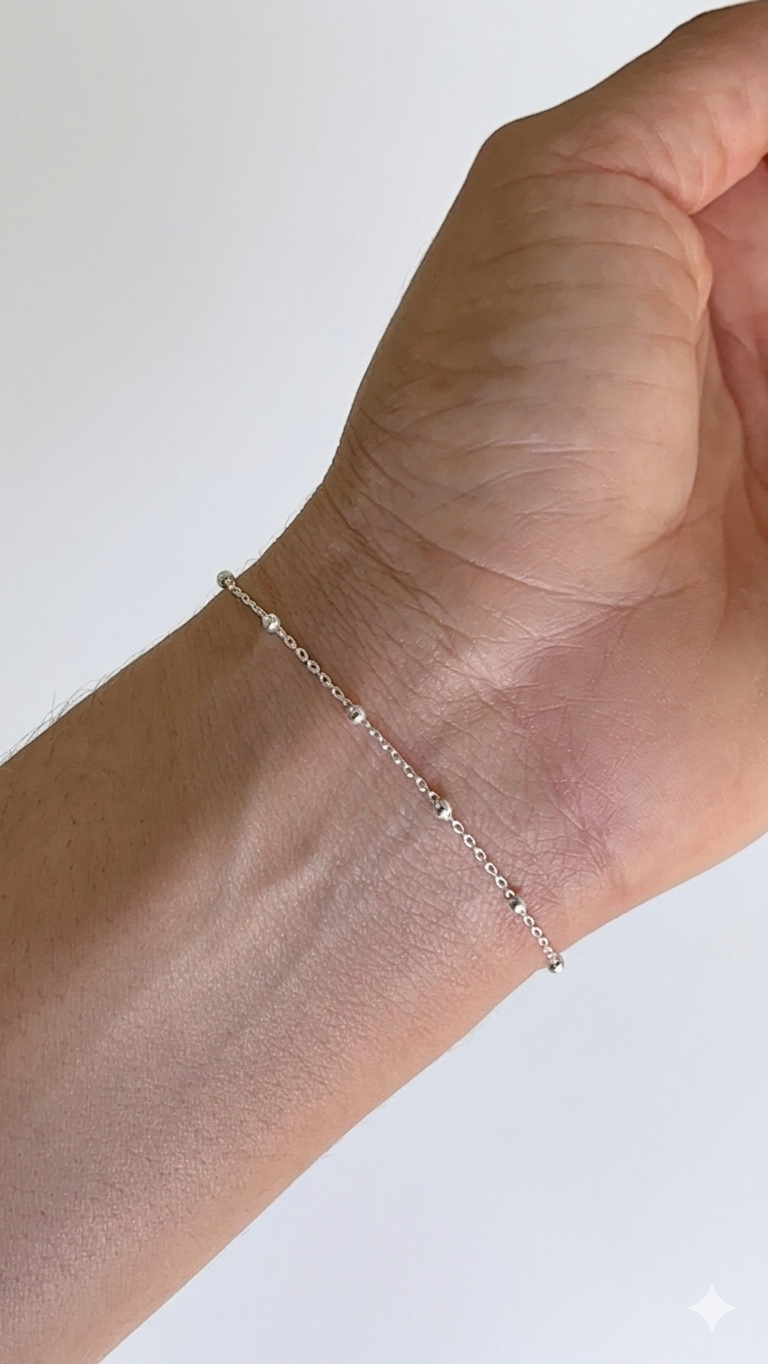 Pulsera Tejido Forzatina con Bolitas Diamantadas 2.5mm 1x1 15mm - 20cm - Plata 925