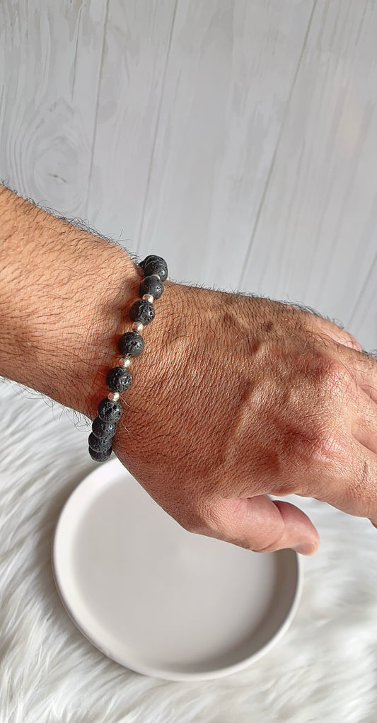 Pulsera Caballero - Piedra Volcánica con Balines Plata 925 Ajutable