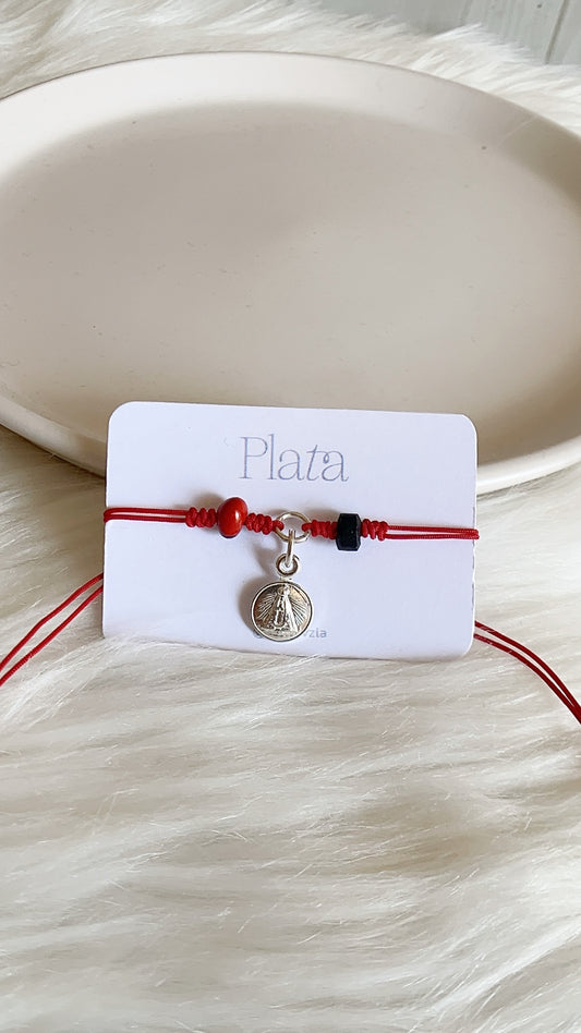 Pulseras Hilo Ajustables con Pionia, Azabache y Virgen del Valle Plata 925
