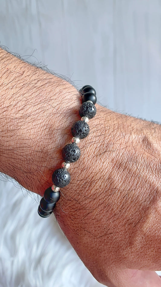 Pulsera Caballero Ajustable - Piedra Onix con Piedra Volcánica y Balines - Plata 925