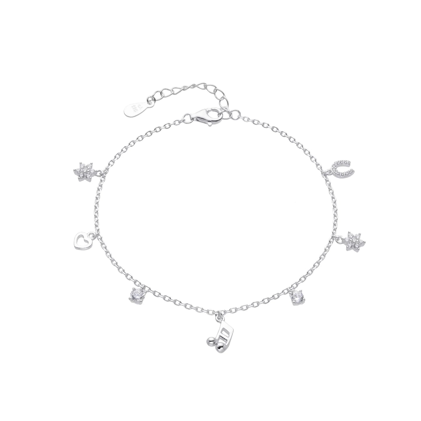 Pulsera Dijes Herradura, Estrella, Corazon, Nota, Punto de Luz 20cm Plata 925