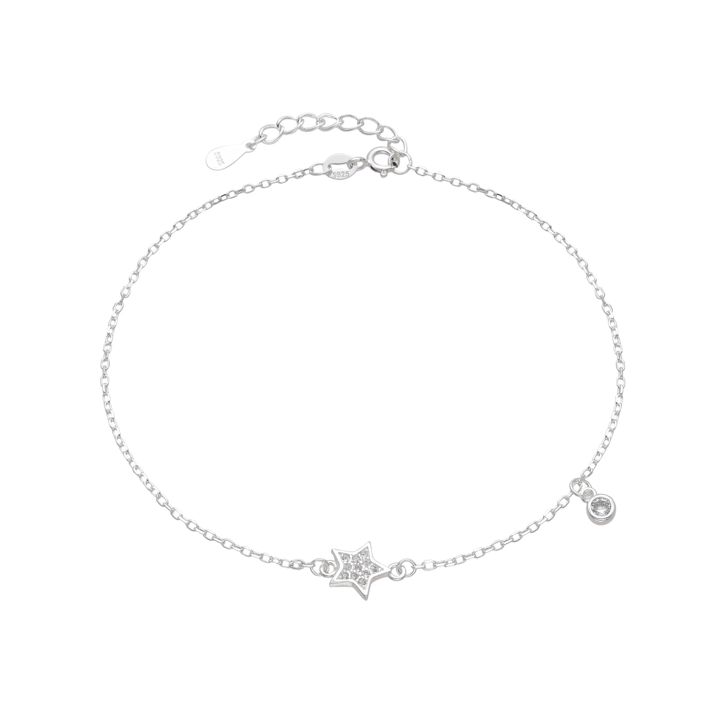 Tobillera Estrella y Punto de Luz Ajustable - Plata 925