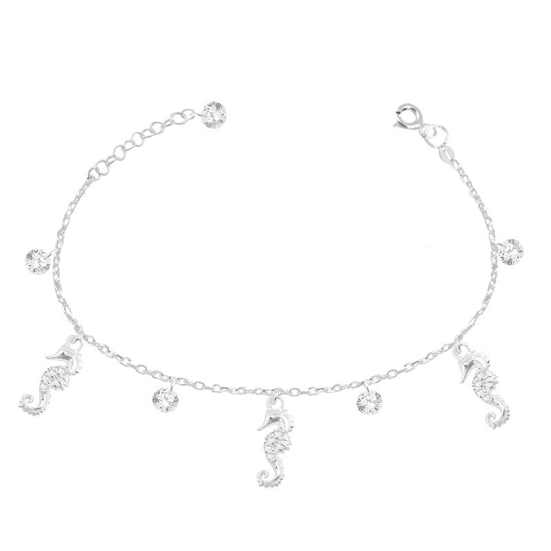 Tobillera Dijes Caballos de Mar y Cristales 25cm - Plata 925