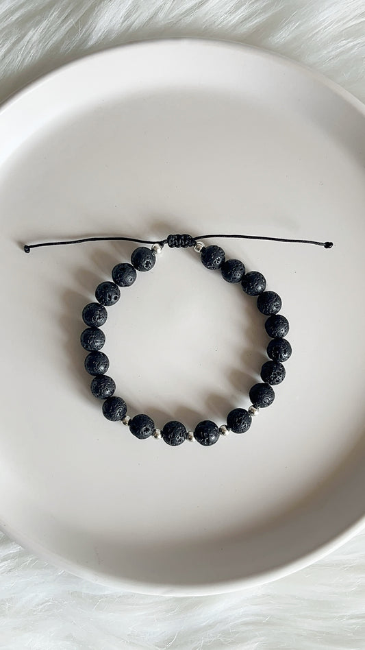 Pulsera Caballero - Piedra Volcánica con Balines Plata 925 Ajutable