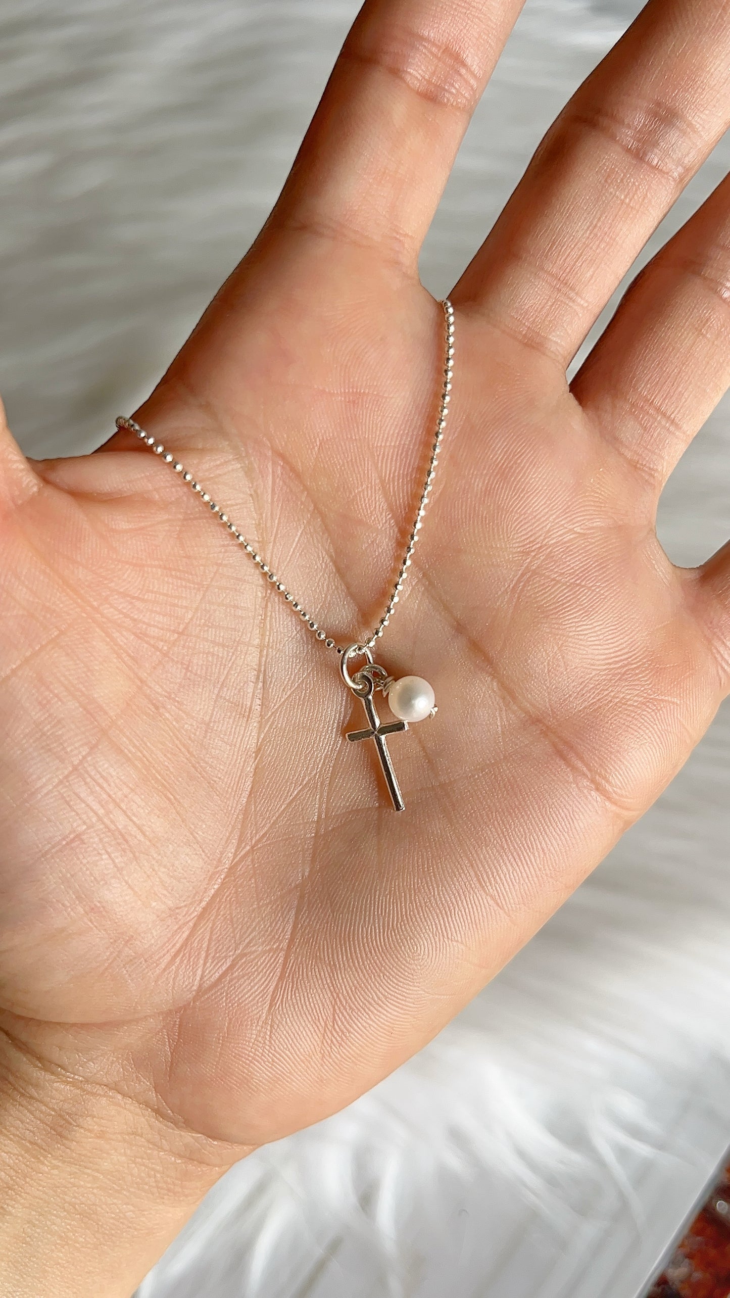 Cadena 40cm con Dije Cruz y Perla - Plata 925