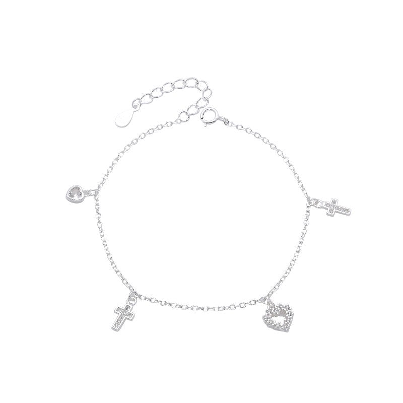 Pulsera Dijes 2 Cruces y 2 Corazones 20cm - Plata 925