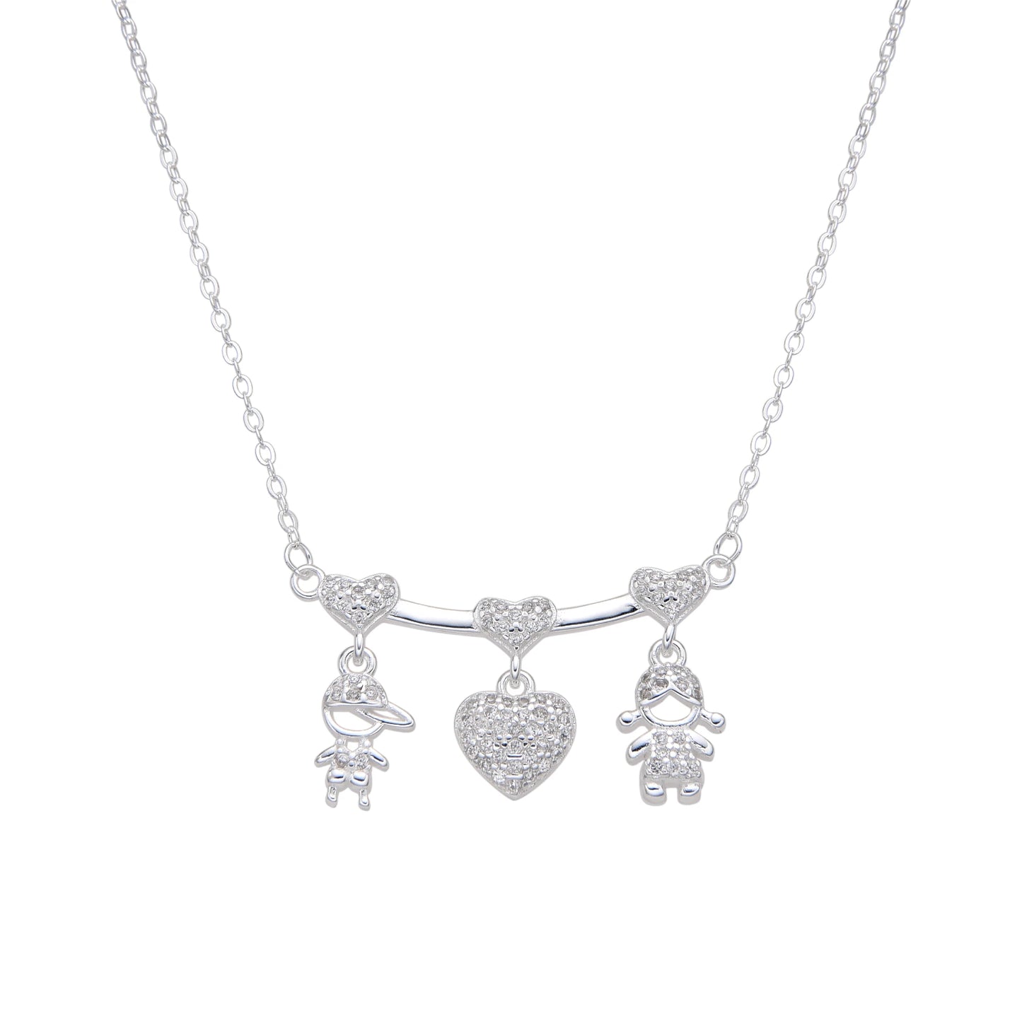 Gargantilla Dijes Niño, Corazon y Niña 45cm Plata 925