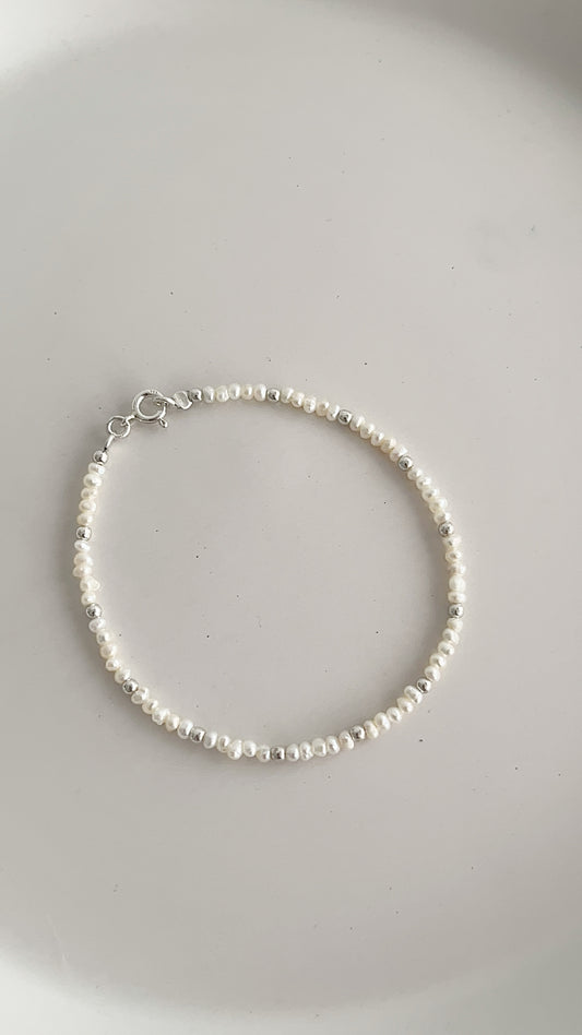 Pulsera Perlas Cultivada y Balines 2.5mm - 18cm Plata 925