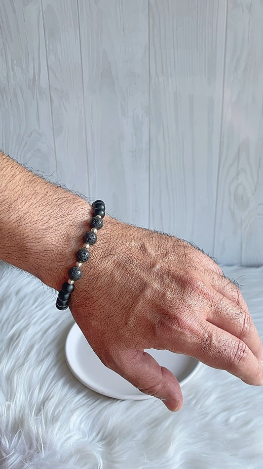 Pulsera Caballero Ajustable - Piedra Onix con Piedra Volcánica y Balines - Plata 925