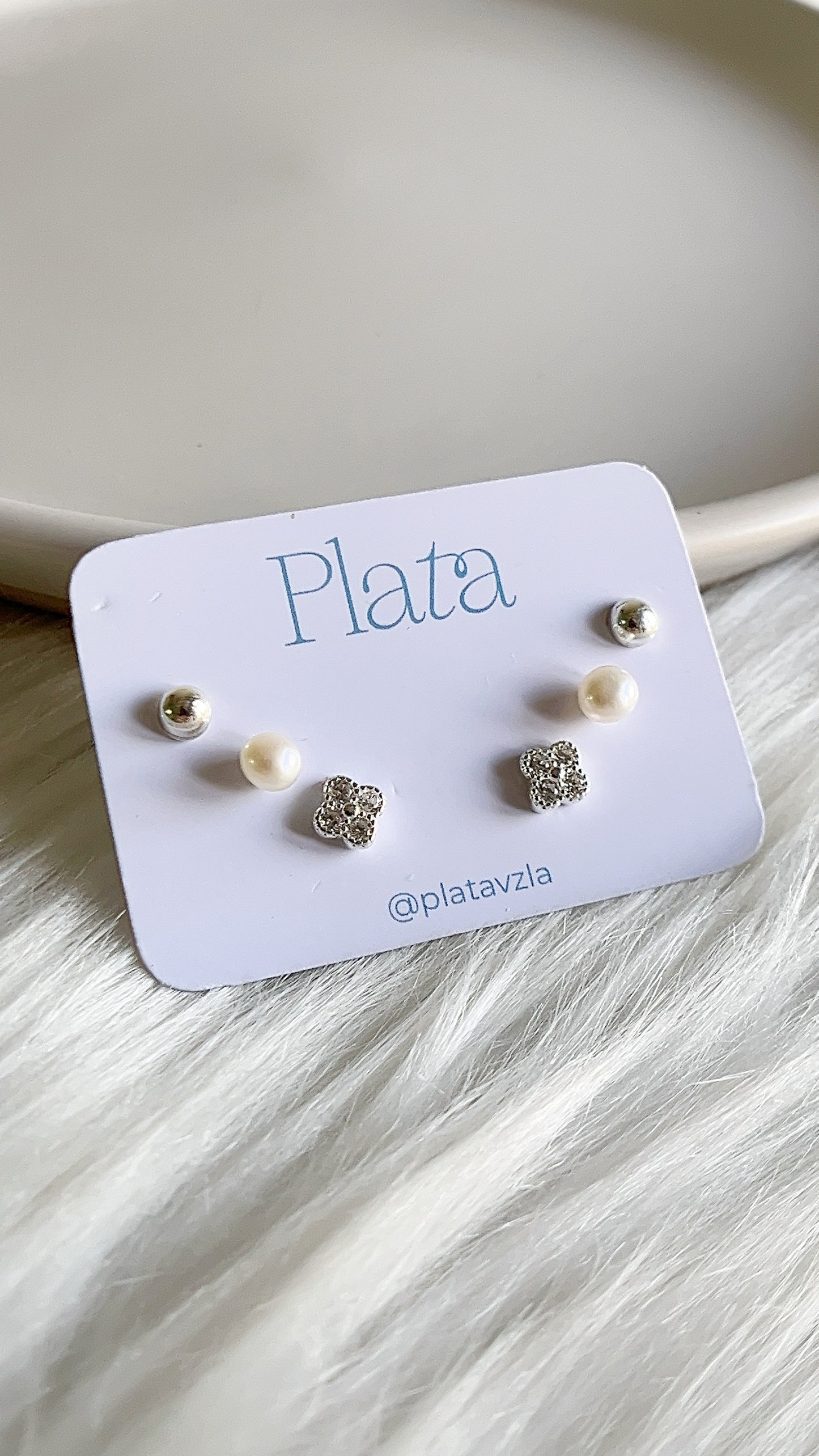 Set 3 Zarcillos: Flor, Perlas y Media Bola - Plata 925