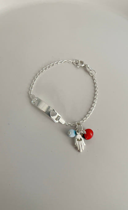 Esclava Corazon con Dijes Pionia, Ojo y Mano - Plata 925
