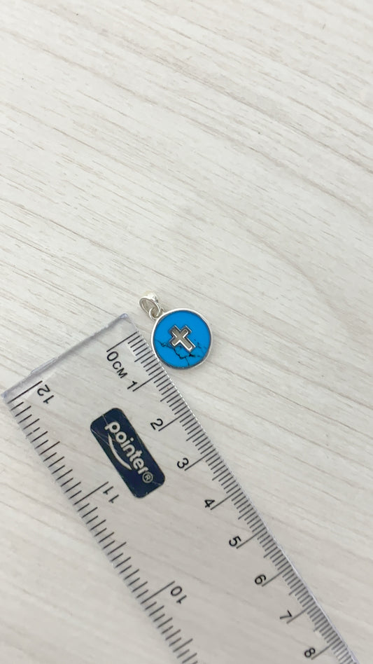 Dije Turquesa Redondo con Cruz 1,3cm - Plata 925