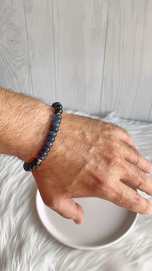 Pulsera Caballero Ajustable - Piedra Onix con Donas y Balines - Plata 925