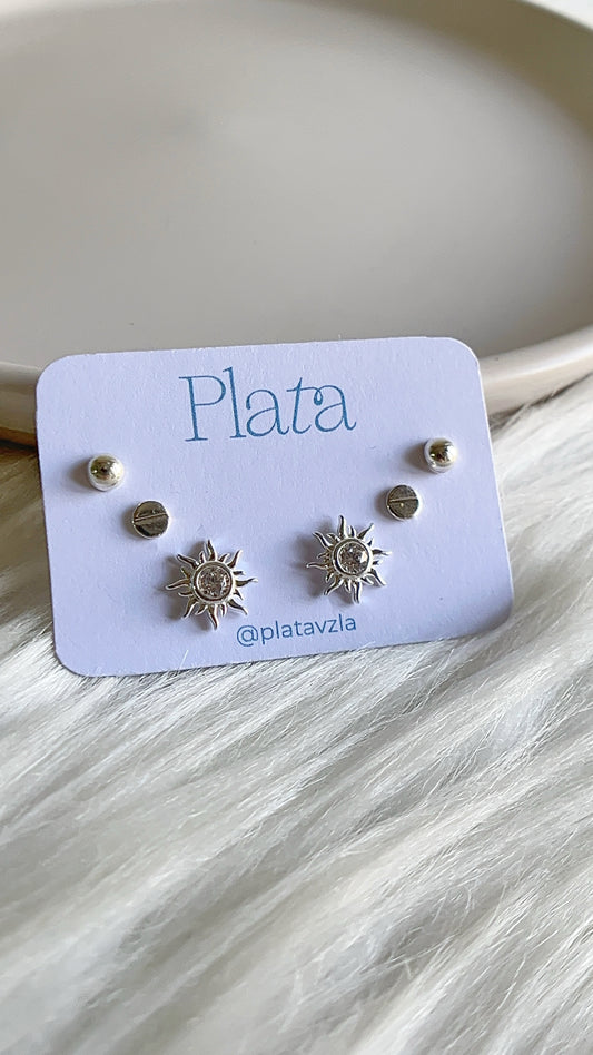 Set 3 Zarcillos: Sol, Media Bola y Planos - Plata 925