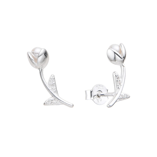 Zarcillos Tulipanes con Perla alargados Plata 925