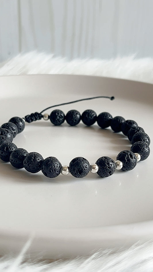 Pulsera Caballero - Piedra Volcánica con Balines Plata 925 Ajutable