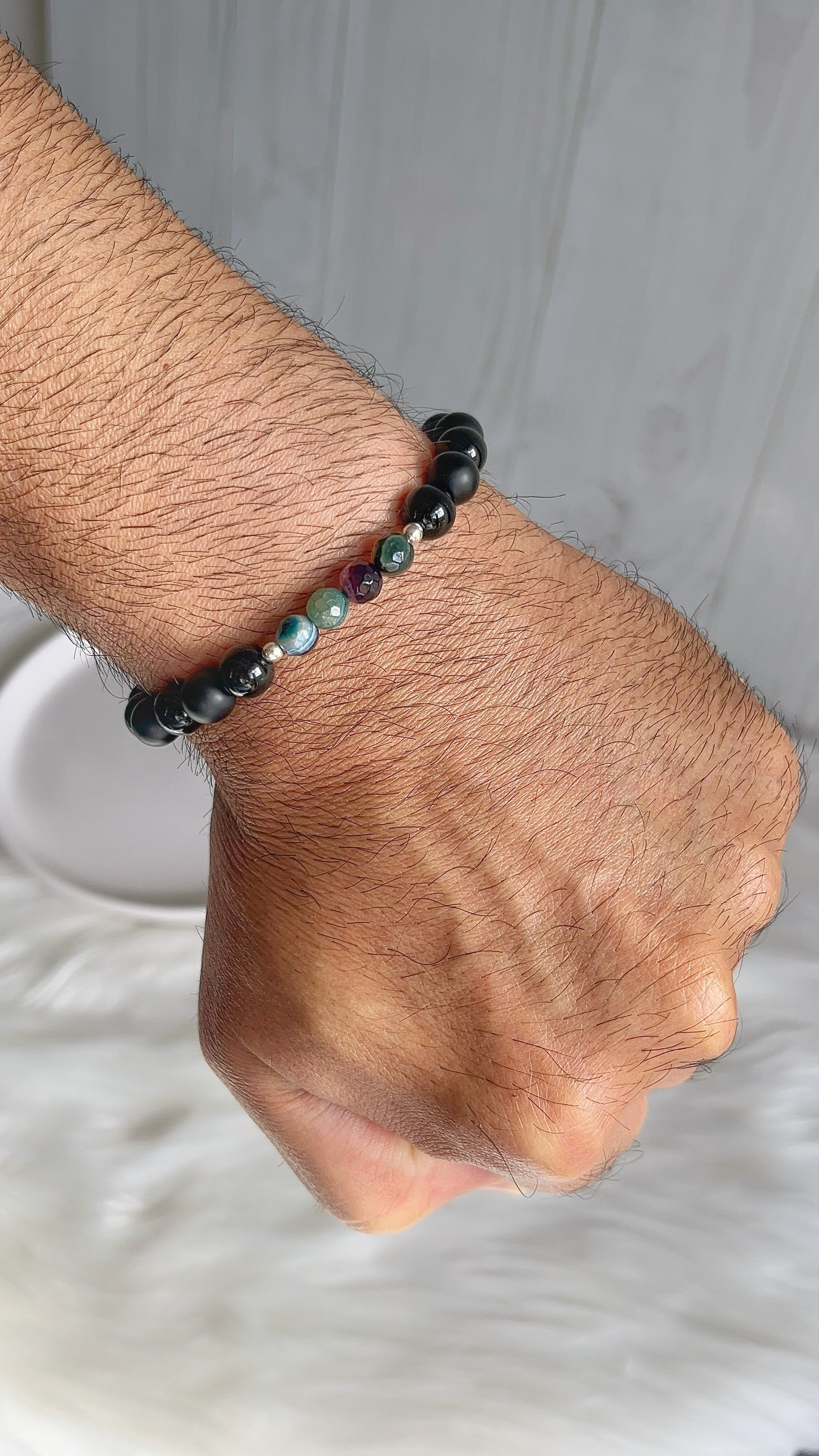 Pulsera Caballero - Piedra Onix, Agata con Balines Plata 925 Ajutable
