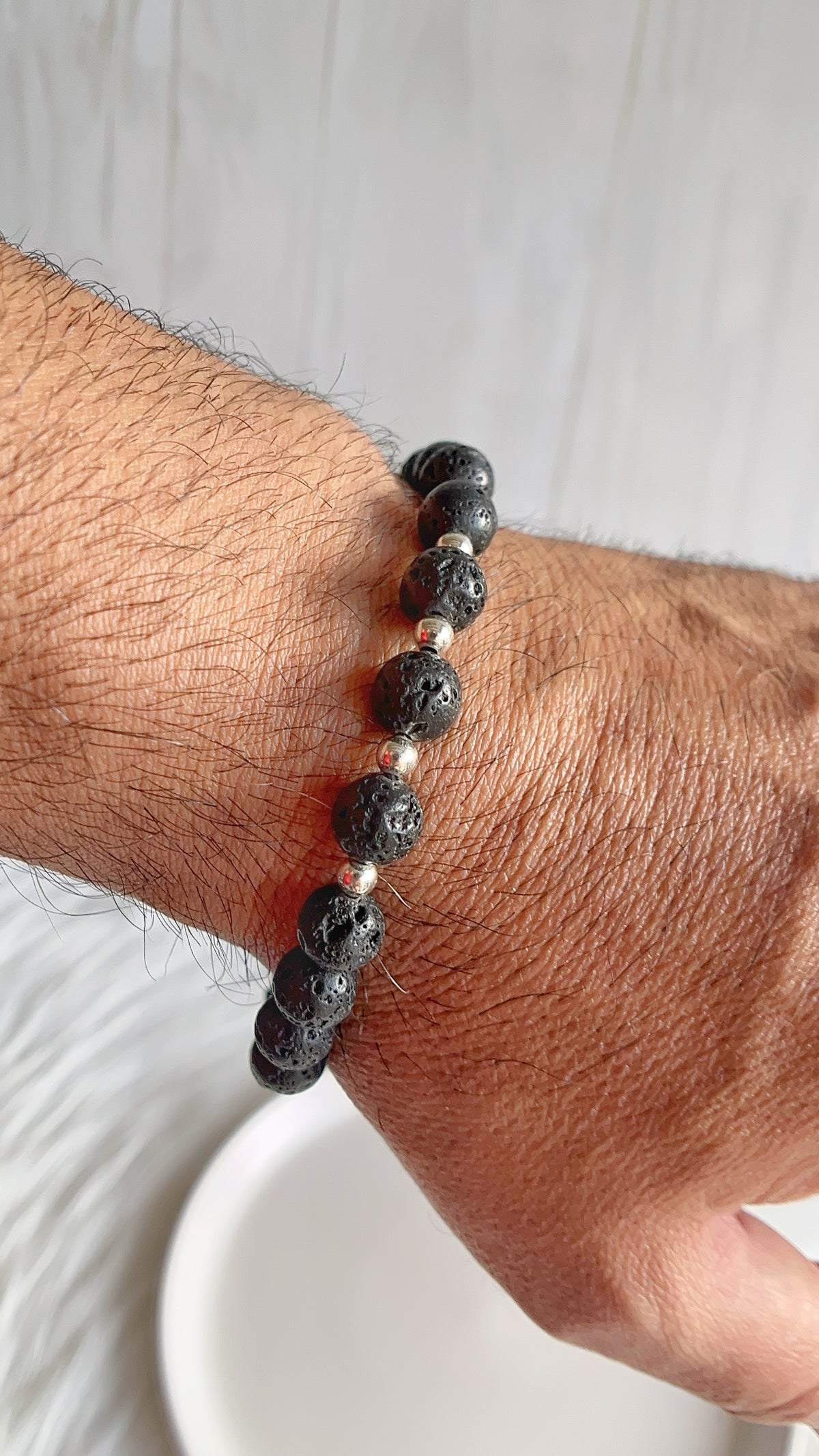 Pulsera Caballero - Piedra Volcánica con Balines Plata 925 Ajutable