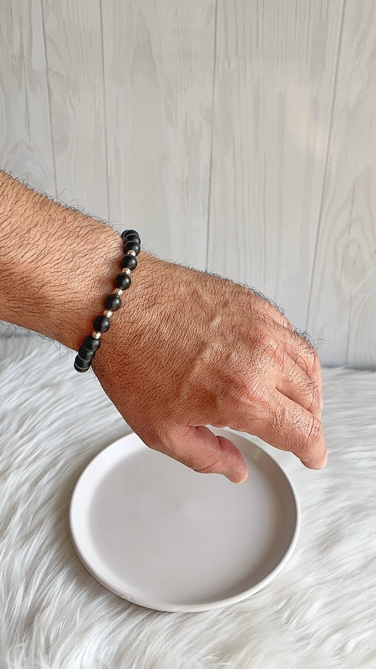 Pulsera Caballero Ajustable - Piedra Onix con Balines - Plata 925