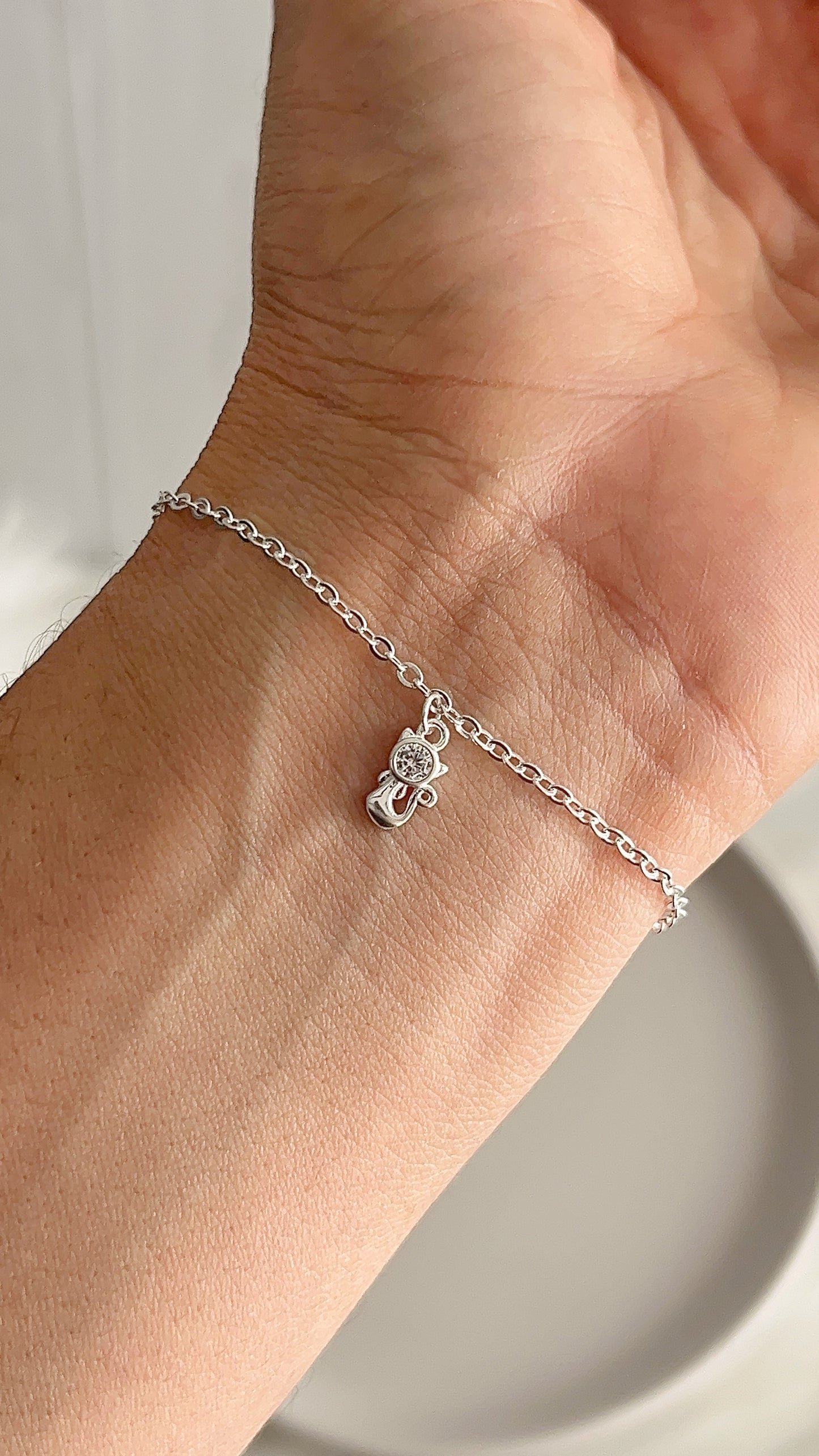 Pulsera Dije Gato 20cm Ajustable- Plata 925