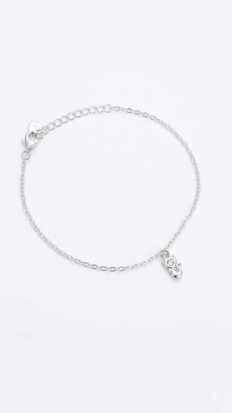 Pulsera Dije Gato 20cm Ajustable- Plata 925