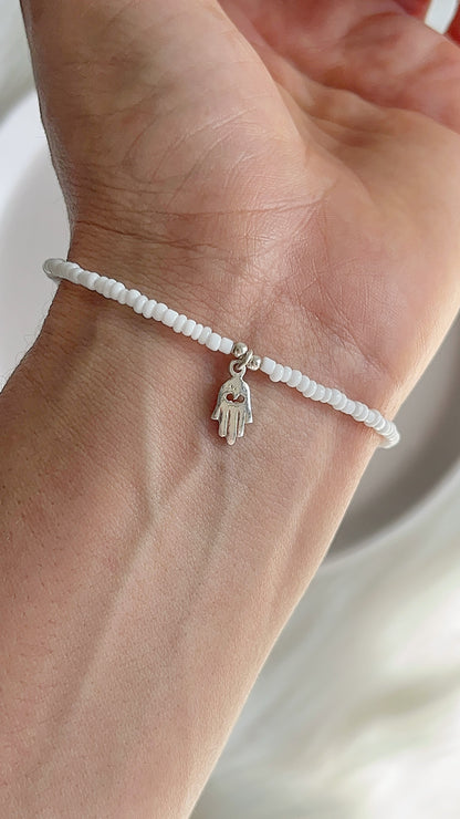 Pulsera Mostacillas, Mano de Fatima y Balines - 19cm - Plata 925