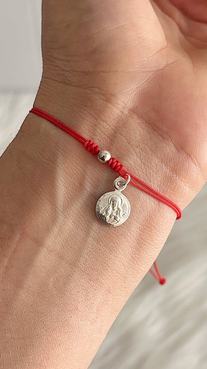 Pulseras Hilo Ajustables con Corazon de Jesús 1cm Plata 925