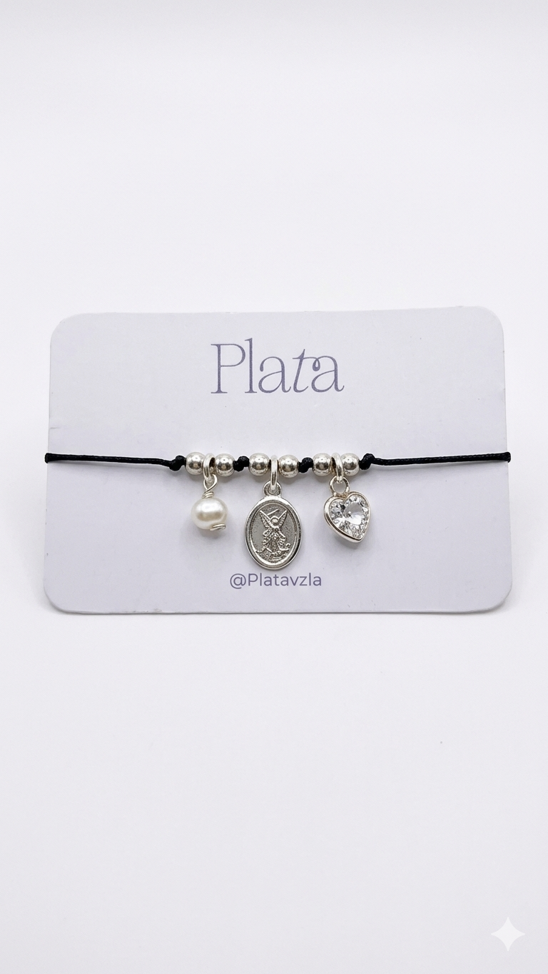 Pulsera Ajustable Perla, San Miguel y Corazon - Plata 925