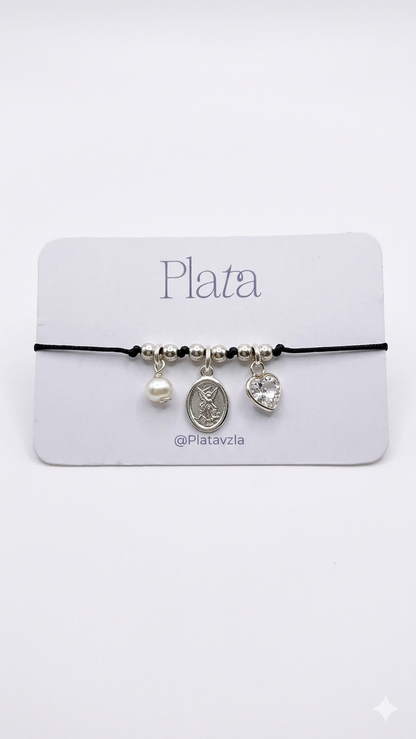 Pulsera Ajustable Perla, San Miguel y Corazon - Plata 925
