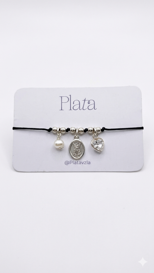 Pulsera Ajustable Perla, San Miguel y Corazon - Plata 925