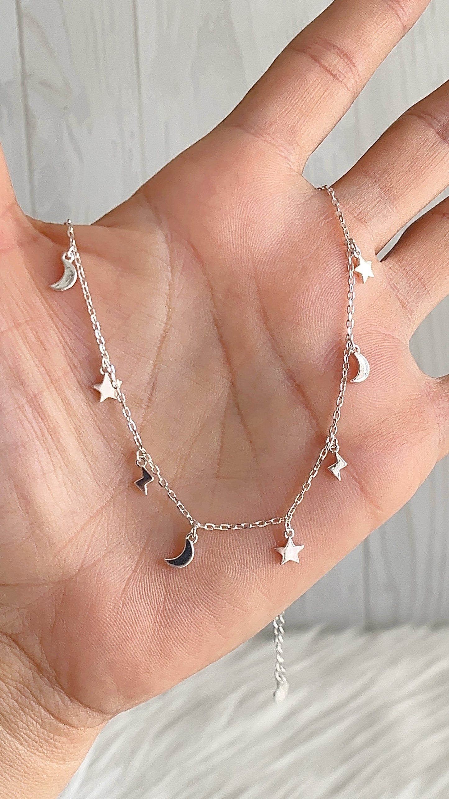 Choker Estrellas, Luna, Rayos 40cm Ajustable - Plata 925