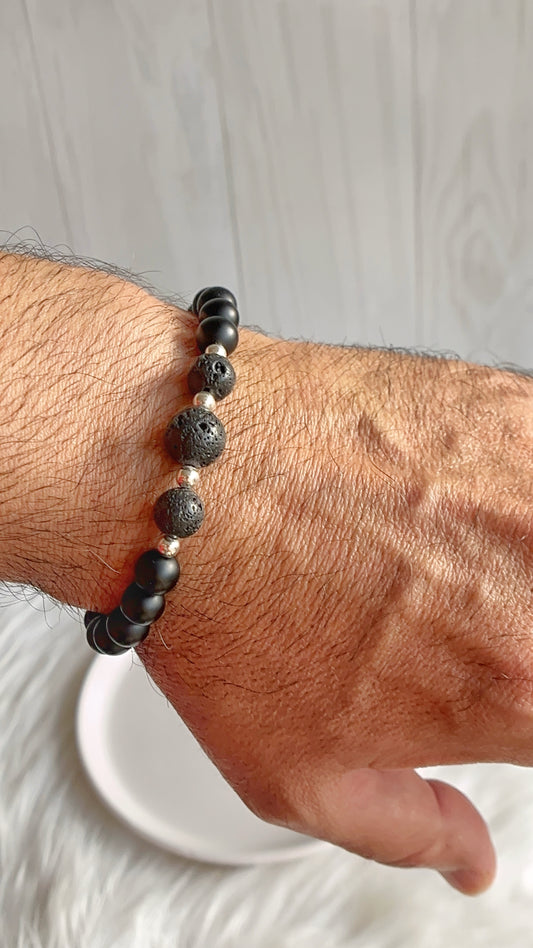 Pulsera Caballero Ajustable - Piedra Onix con Piedra Volcánica y Balines - Plata 925