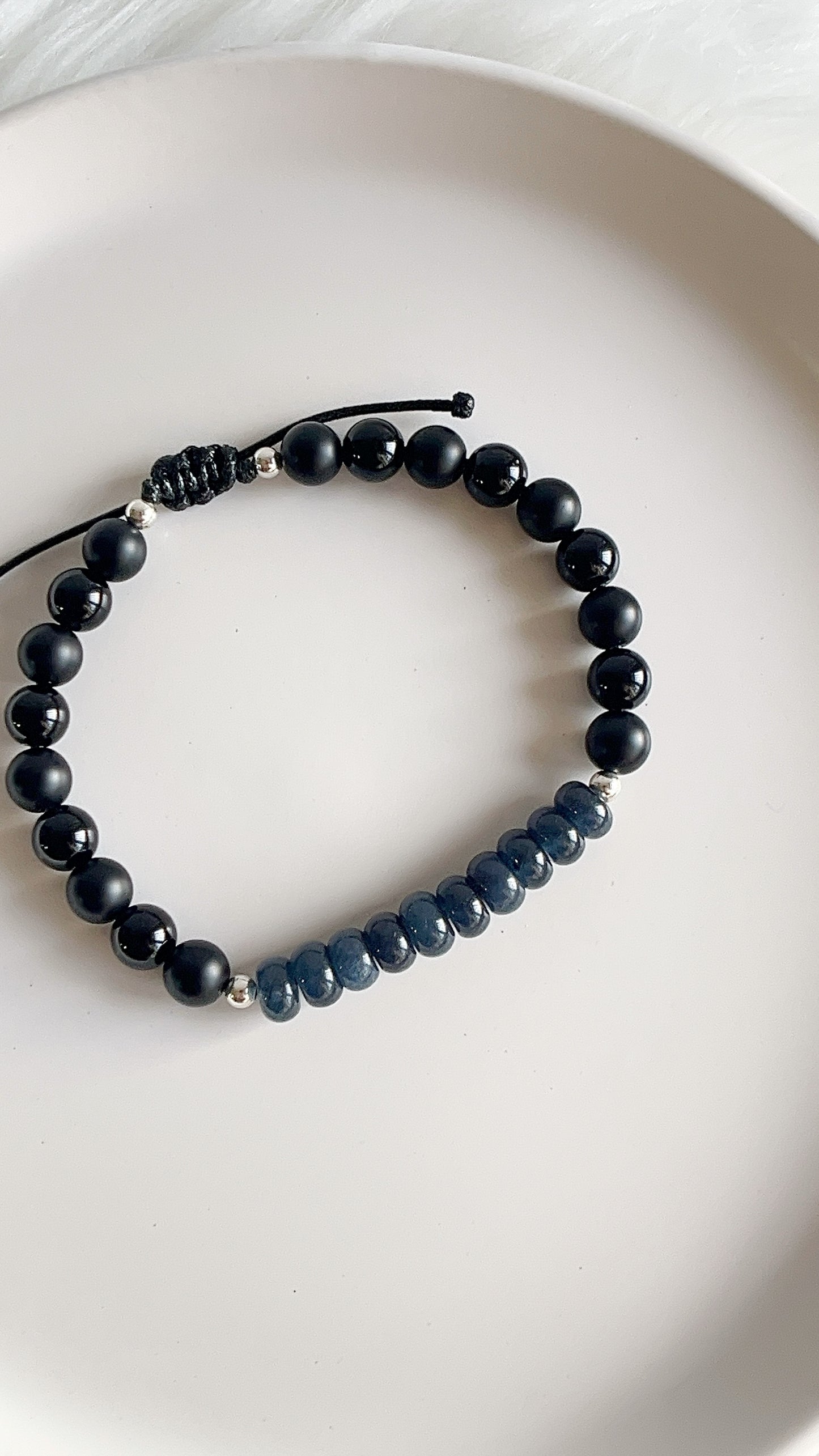 Pulsera Caballero Ajustable - Piedra Onix con Donas y Balines - Plata 925
