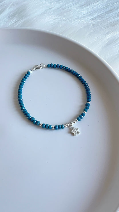 Pulsera Cristales, Balines y Dije de Flor - Plata 925