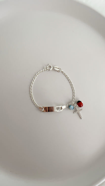Esclava Corazon con Dijes Pionia, Ojo y Cruz - Plata 925