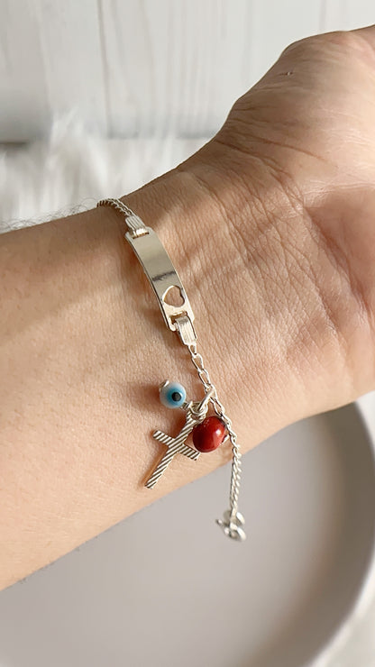 Esclava Corazon con Dijes Pionia, Ojo y Cruz - Plata 925