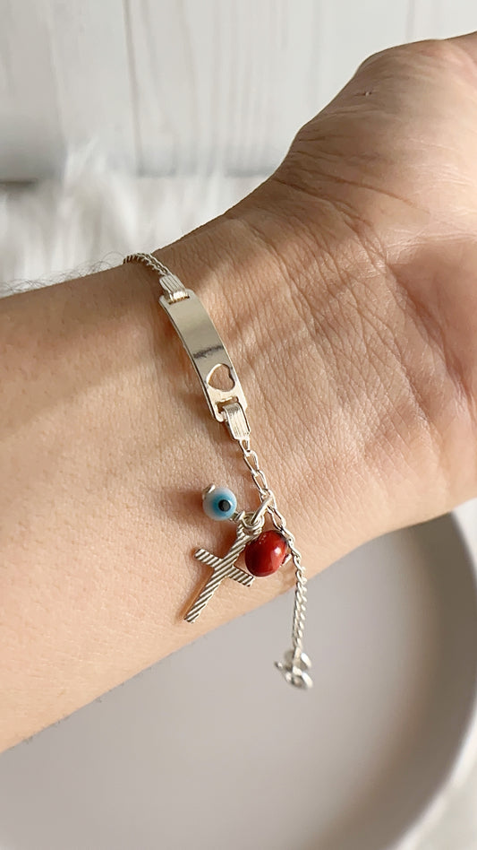 Esclava Corazon con Dijes Pionia, Ojo y Cruz - Plata 925