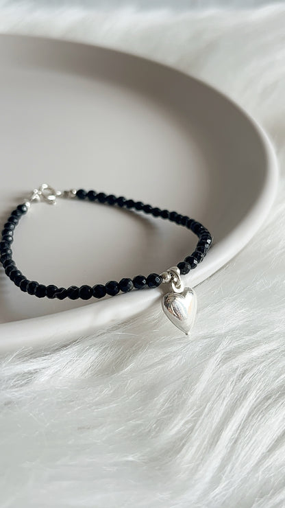 Pulsera Ágata con Dije de Corazón Liso 17cm - Plata 925