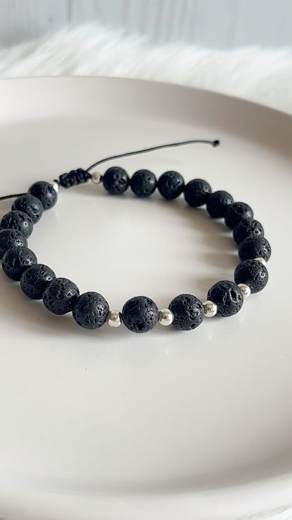 Pulsera Caballero - Piedra Volcánica con Balines Plata 925 Ajutable