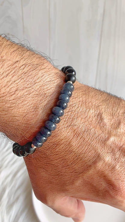 Pulsera Caballero Ajustable - Piedra Onix con Donas y Balines - Plata 925