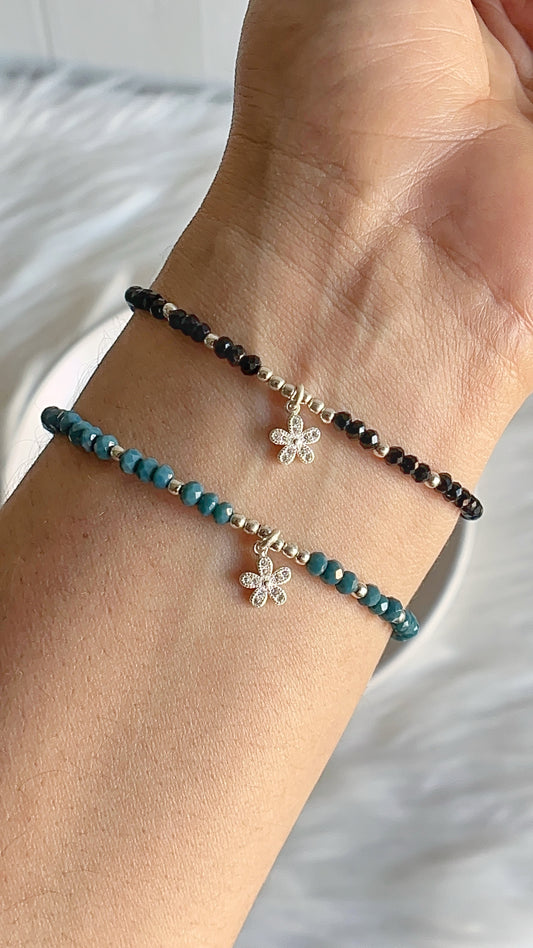 Pulsera Cristales, Balines y Dije de Flor - Plata 925