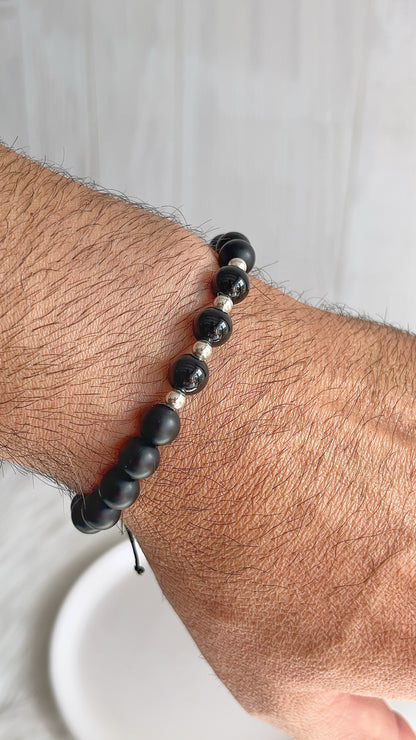 Pulsera Caballero - Piedra Onix con Balines Plata 925 Ajutable
