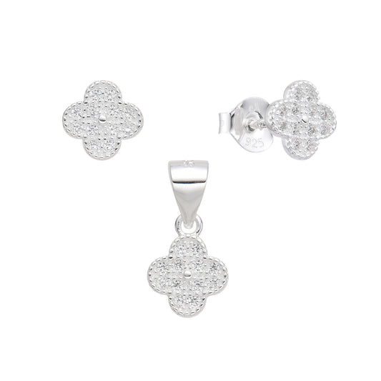 Juego Zarcillos y Dije Flor 4 Pétalos Brillantes Plata 925