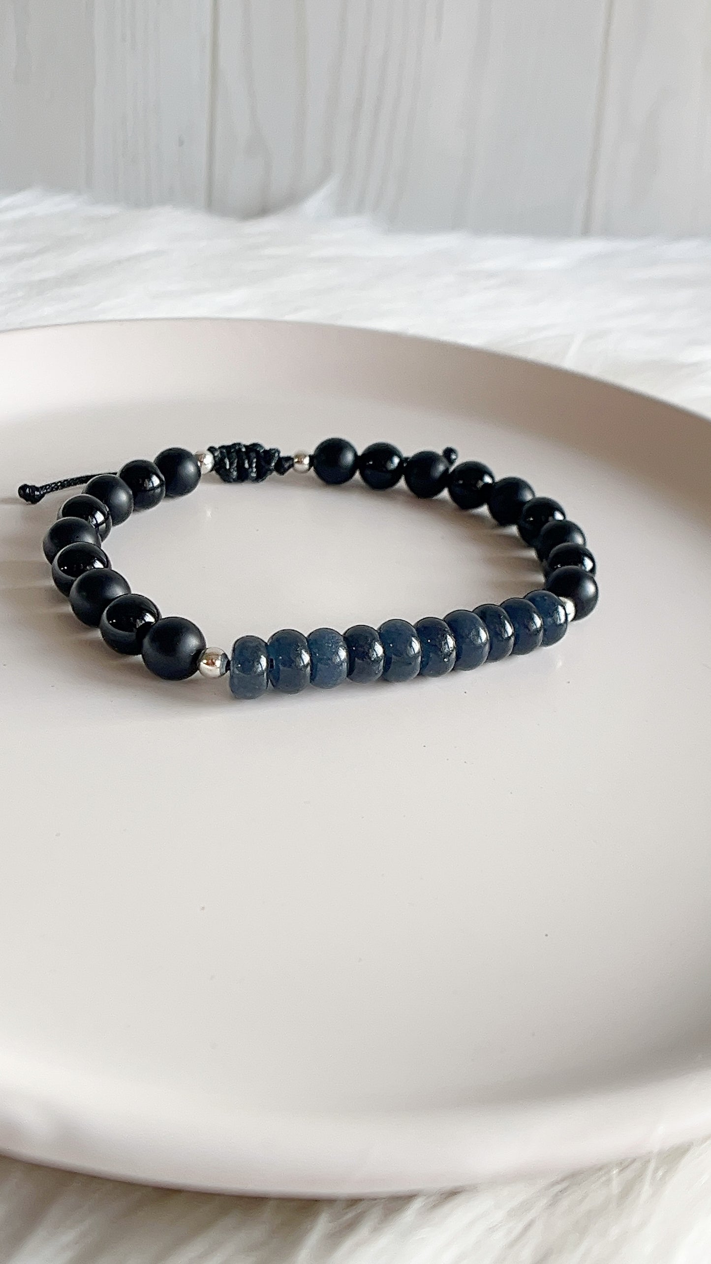 Pulsera Caballero Ajustable - Piedra Onix con Donas y Balines - Plata 925