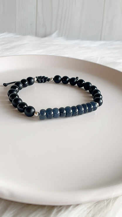 Pulsera Caballero Ajustable - Piedra Onix con Donas y Balines - Plata 925