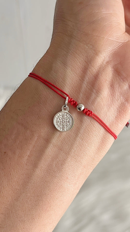 Pulseras Hilo Ajustable con San Benito 1cm Plata 925