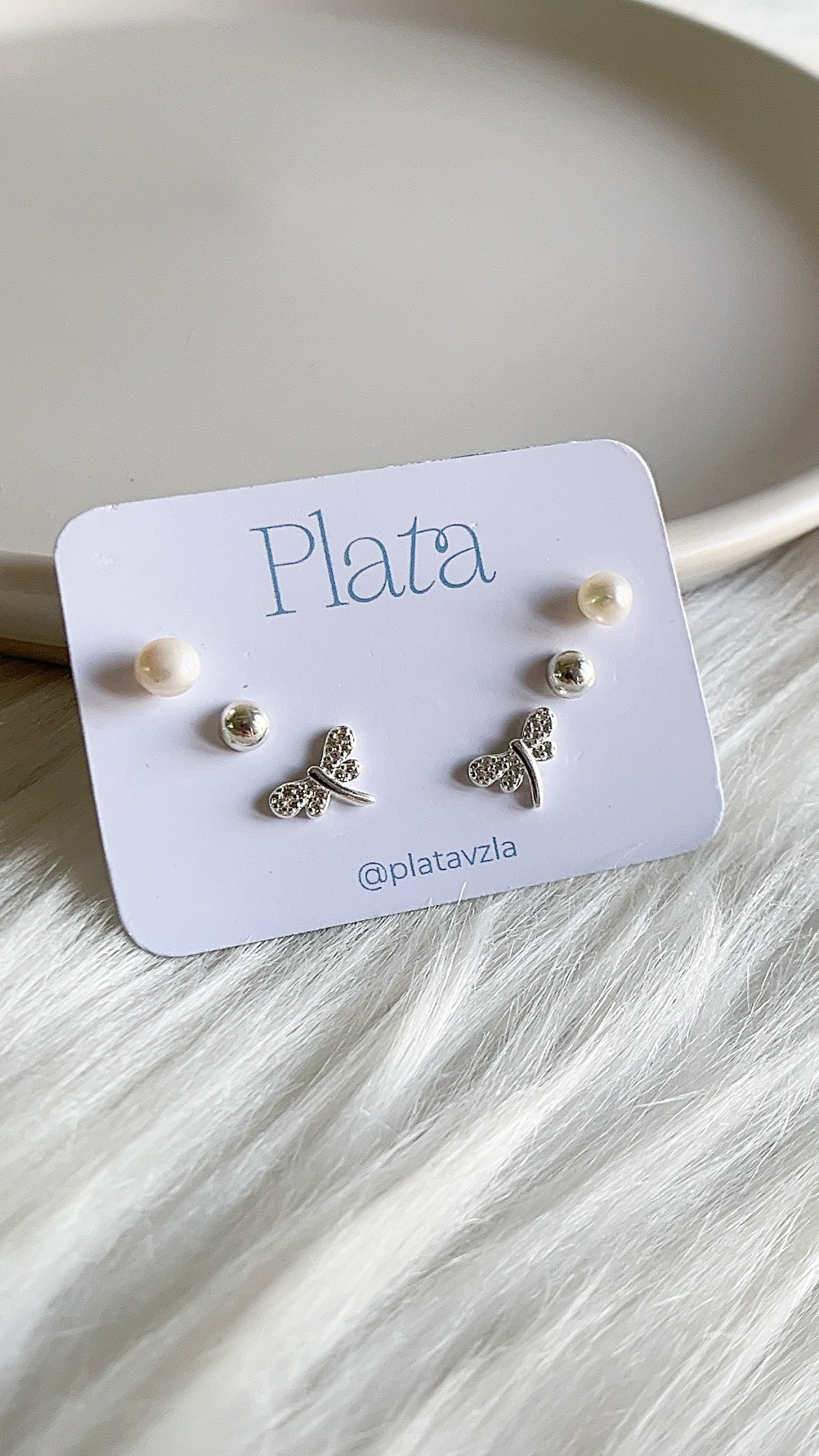 Set 3 Zarcillos: Perlas, Media bola y Libélulas - Plata 925