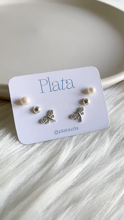 Set 3 Zarcillos: Perlas, Media bola y Libélulas - Plata 925