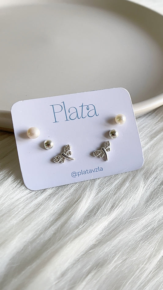 Set 3 Zarcillos: Perlas, Media bola y Libélulas - Plata 925